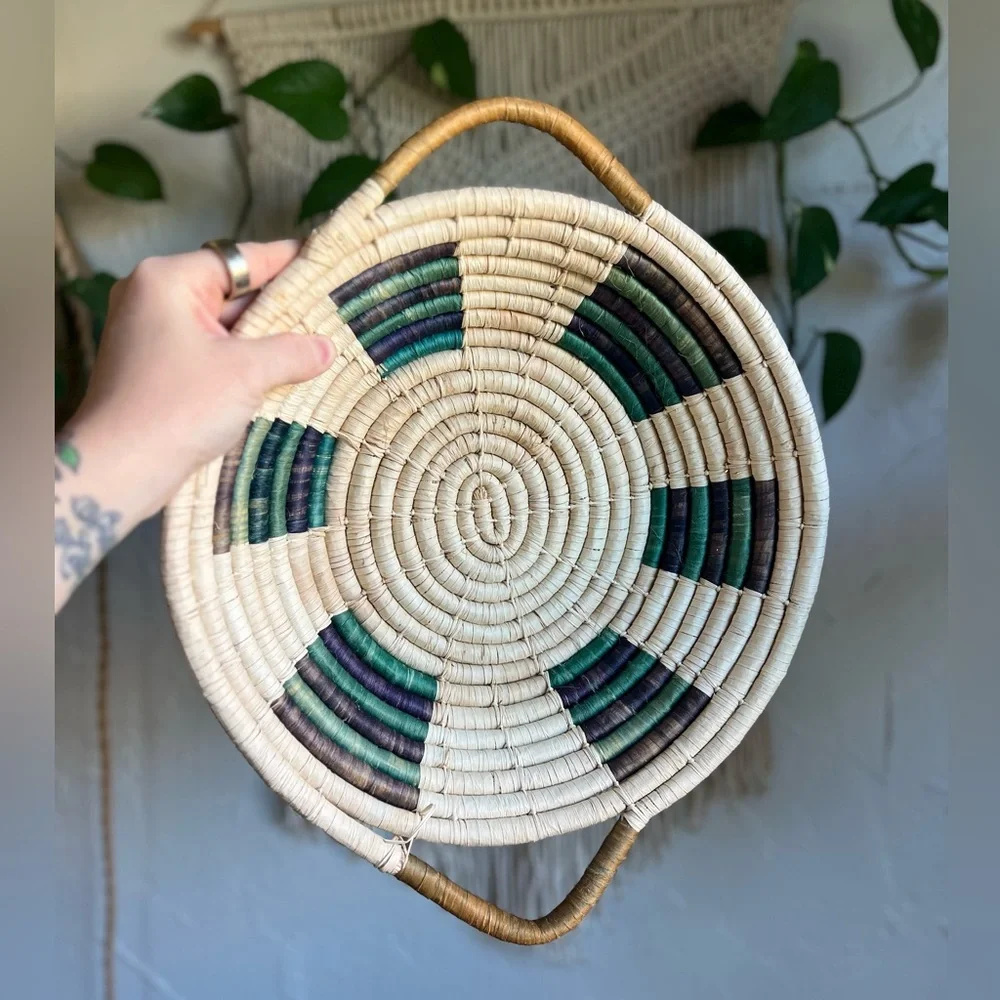 Large Woven Rattan Basket Bowl with Handles – Boho Farmhouse Wall or Table Décor